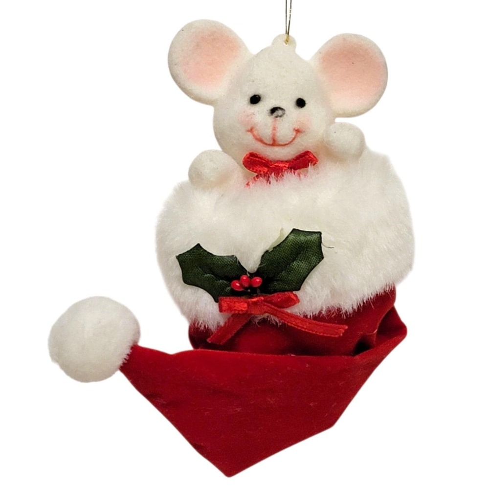 VTG 90s Avon Peek A Boo Mouse Christmas Ornament 1990 Santa Hat Flocked Holiday